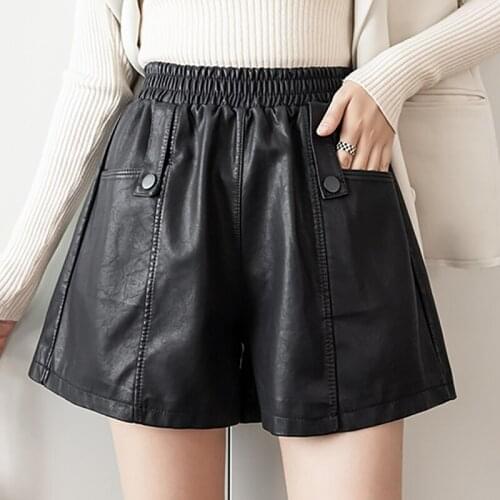 Elastic High Waist PU Leather Shorts Women Black Wide Leg Shorts Ladies Fall Casual Loose Pocket Leather Short Femme 2021 Winter
