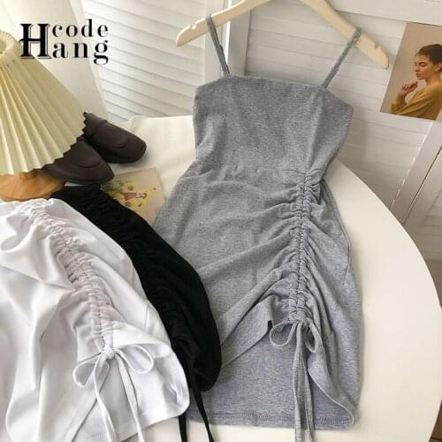 HangCode Ins Fashion Sexy Mini Ruched Dress 2021 New Summer Spaghetti Strap Adjustable Length Shirring Bodycon Shirt Dress