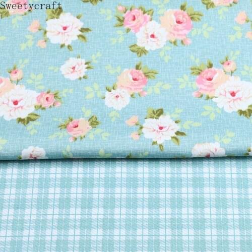 Blue Flower Grid Printed Cotton Twill Fabric By Half Meter For Sewing Dress Bed Sheet Patchwork Quilting Accessories 160x50cm