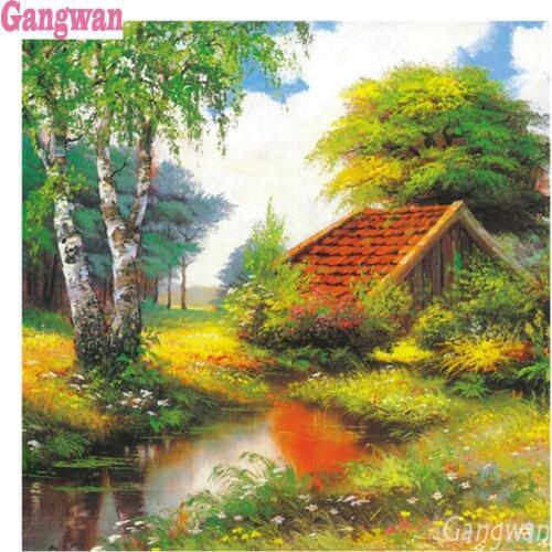 3D picture of rhinestones mosaic White birch full embroidery paint with diamonds painting Creek, cabin tree view crystal decor