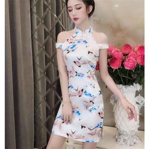 Club Dress Women Sexy Off Shoulder Tight Mini Dress Elegant Retro Chinese Style Cheongsam Bodycon Dress Split Short Party Dress