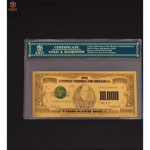 SMJY US Gold Money 10,000 Dollar Money Gold 999 Gold Plated Bill Fake Banknotes Collections