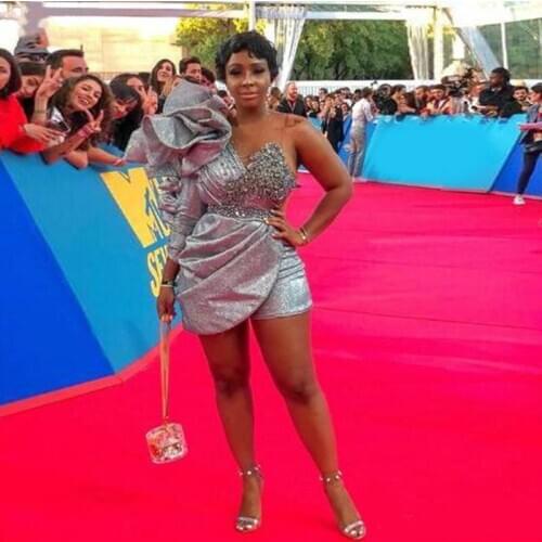 Silver Sequined Mini Short Cocktail Pant Dress 2020 Ruffles One Shoulder Long Sleeve Sweetheart Beaded African Party Celebrity