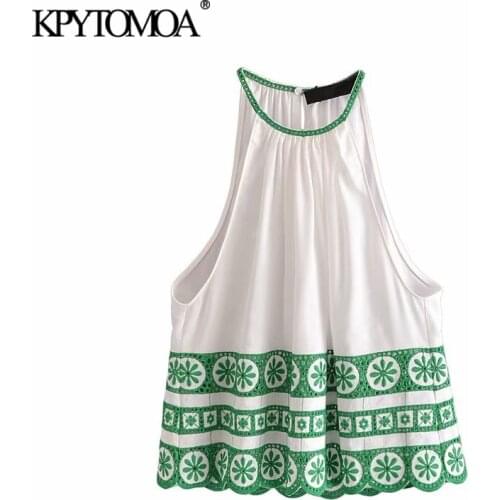 KPYTOMOA Women 2021 Fashion Hollow Out Embroidery Blouses Vintage Halter Neck Sleeveless Female Shirts Blusas Chic Tops