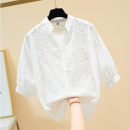 Summer Floral White Blouse Women Fashion Embroidery Woman Shirts Korean Plus Size Loose Tops Short Sleeve Elegant Blusas 14731