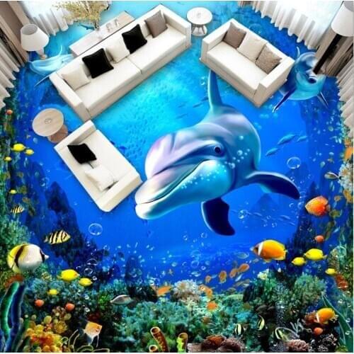Custom any size photo floor wallpaper for living room 3d floor painting wallpaper Dolphin Ocean 3D floor