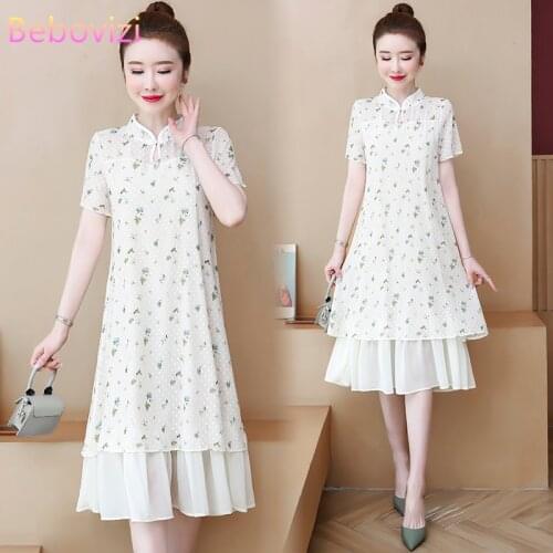 Plus Size M-4XL Pink Chiffon Loose Fashion Modern Cheongsam Oriental Dress Women Short Sleeve Qipao Traditional Chinese Clothes