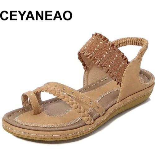 CEYANEAO Round Toe Rivets Ladies Beach Sandals 2021Summer Fashion Soft Bottom Flat Elastic Band Comfortable And Breathable Women