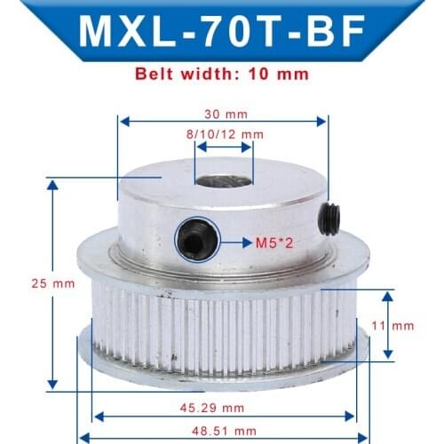 Timing Pulley MXL-70T Inner Bore 8/10/12 mm Belt Pulley Slot Width 11 mm Match with Width 10 mm MXL-Timing Belt For 3D Printer