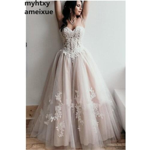 Boho Wedding Dresses 2020 Sweetheart Appliques A-line Strapless Princess Lace Up Back Bride Dress Wedding Gown Vestido De Noiva