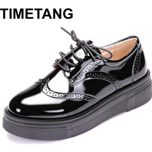 TIMETANGSpring Autumn woman oxfords Brogue Casual Shoes Ladies Patent Leather Black Flat Platform Lace Up women shoesE1199