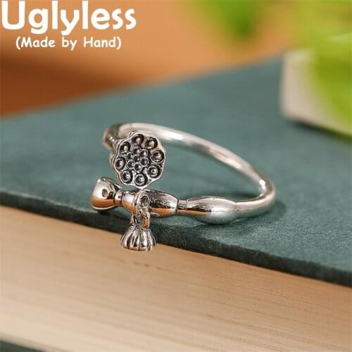 Uglyless Glossy Silver Lotus Rings for Women Real 925 Sterling Silver Lotus Roots Rings Simple Ethnic Thai Silver Charms Jewelry