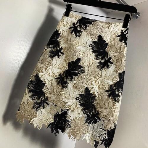 Lace Straight Women Skirts Summer High Waist Knee-Length Hollow Out Office Lady Elegant Skirts Top Quality