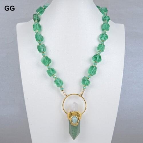 GuaiGuai Jewelry Natural Green Glass Quartzs Nugget Crystal Necklace Green Muscovite Point White Quartzs Raw Pendant For Women