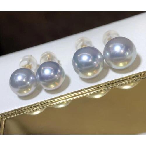 Pearl Earrings Fine Jewelry Solid 18K Gold Natural Round 8mm Sea Water Ocean Blue Pearls Stud Earrings for Women