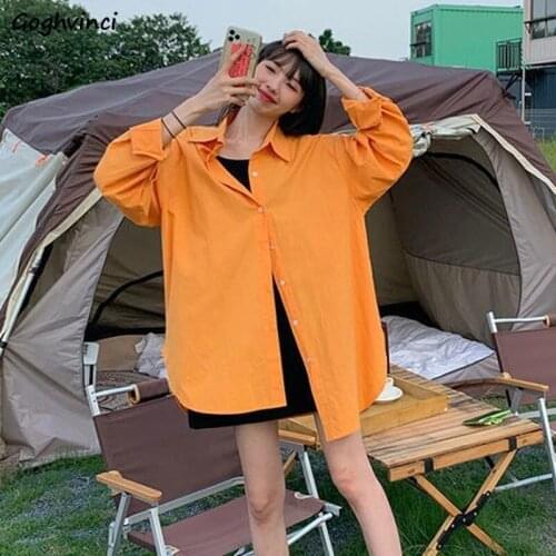 Women Blouses Shirts Solid Simple Loose Turn-down Collar Chiffon Korean Fashion Style Streetwear Daily Casual Leisure All-match