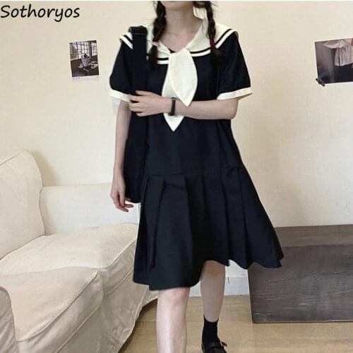 Women Short Sleeve Dresses Sailor Collar Fashion Chic Teens Korean Style Streetwear Designed Ruffles Pleated Patchwork Lovely