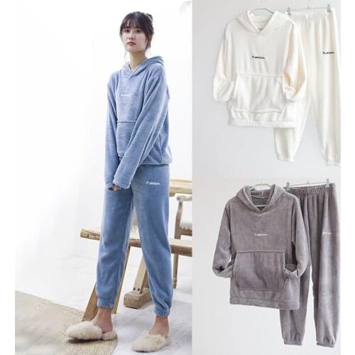 Women Flannel Pyjamas Set Winter Warm Sleepwear Pajamas Long Sleeve Pyjama Trousers Suit Female Homewear Hoodies Sweatshirt Sale