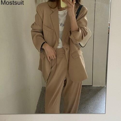 Korean Office Ladies Women Blazer Pants Suit Full Sleeve Blazer & High Waist Wide Leg Pants Suit Set Vintage Fashion 2 Piece Set