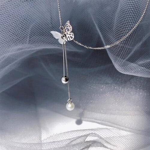 925 Sterling Silver Butterfly Necklace for Women Pearl Long Tassel Clavicle Chain Necklace Party Jewelry Gifts
