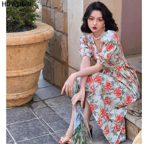 Wine Afternoon French Retro Womens Summer New Peony Print Bubble Sleeve V-Neck Dress With Tie Waist A-Line Tea Break Skirt