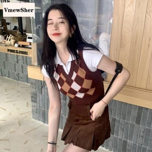 VmewSher New Spring Argyle Women Vest Sleeveless Sweater Fashion Short Knitted Pullover Slim Plaid V Neck High Waist Crop Tops