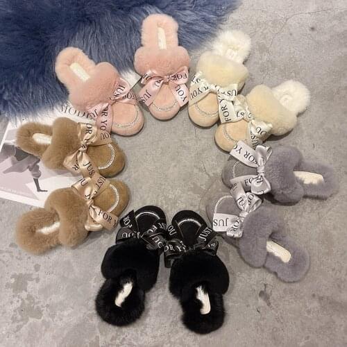 SYNXDN Winter Women House Slippers Faux Fur Flat Warm Shoes Furry Bow Non-slip Mules Closed Toe Pink Fuzzy Slippers For Female