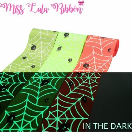 3"75mm White Ink Printing Glow in the Dark Halloween Series Web Printed Grosgrain Ribbon DIY Hair Bowknots 50yards/roll