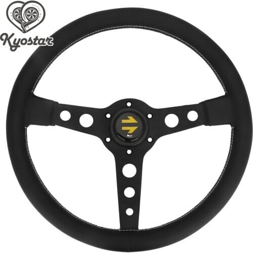 350mm Universal Real Leather Classic Steering Wheel 14" Inch Flat Steering-Wheel With Black Silver Spoke