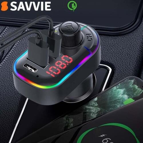 Savvie Car FM Transmitter Bluetooth-compatible 5.0 USB Car Charger AUX Handsfree Wireless Kit Auto Radio Modulator MP3 Player