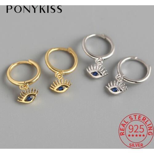 PONYKISS Real 925 Sterling Silver Chic Eyes Blue Zircon Hoop Earrings Women Party Fashion Accessories Delicate Elegant Jewelry