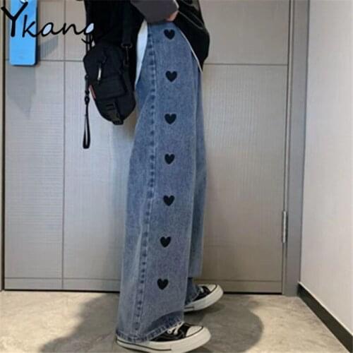 Black Heart Embroidered Wide-Leg Jeans Korean Casual WomenS Straight Denim Pant Harajuku Sweet Streetwear Fashion Wild Trousers