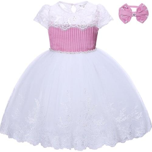 2021 Wedding Party Princess Dress for Kid Girl Pink Strip White Tulle Lace Trimming Size 3 4 5 6 7 Years Old with Headband