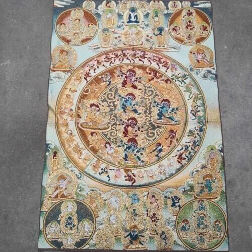 Home Decor 35" Thangka embroidery Tibetan Buddhism silk embroidery brocade Nepal Golden Winged Roc Bird Buddha statue