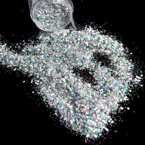 Holographic Silver Nail Glitter Power Mix Size Acrylic Glitter Powder Color Shiny Manicure Dust in jar 288