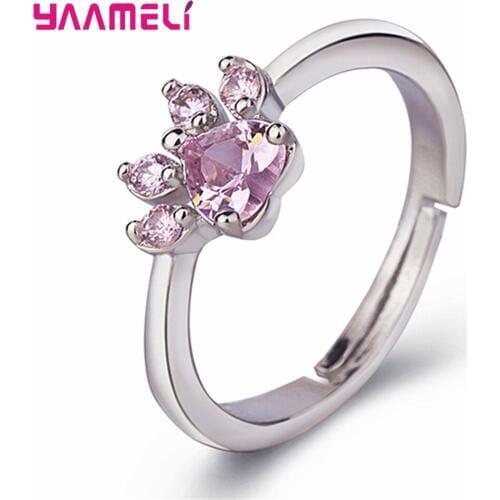 Creative Animal Bear Cat Dog Paw Clear Cubic Zirconia Rings For Women 925 Sterling Silver Filled Zircon Heart Ring Adjustable
