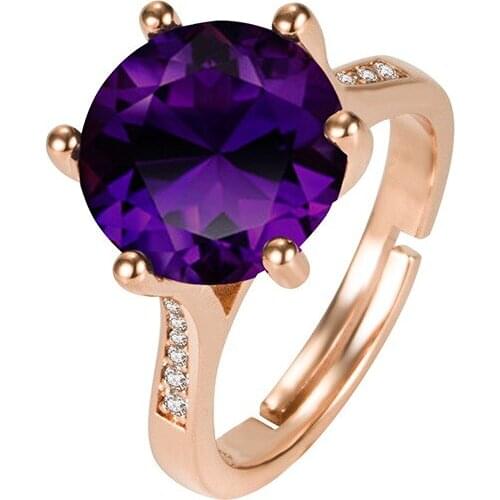 Fashion Rings for Women 925 Silver Jewelry with Created Amethyst Zircon Gemstone Rose Gold Color Open Finger Ring Wedding Party