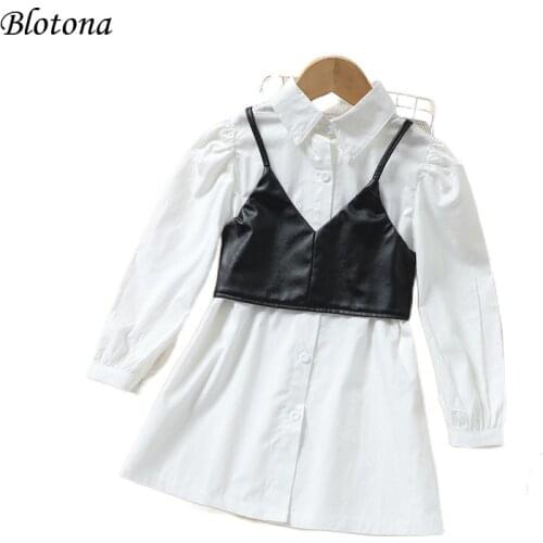Blotona Kids Girls Summer Casual Clothes Set 2Pcs Solid Color PU Leather Strap Sleeveless Vest Tops +White Shirt Dress, 2-7Years