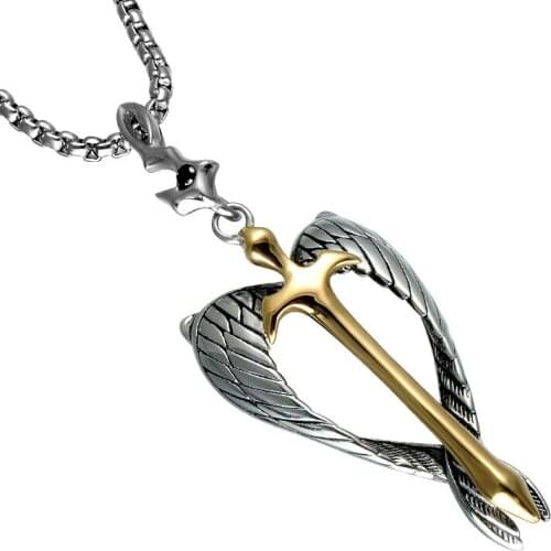 Retro Winged Sword Cross Pendant Mens Necklace Stainless Steel Punk Fashion Necklaces for Festival Party Jewelry