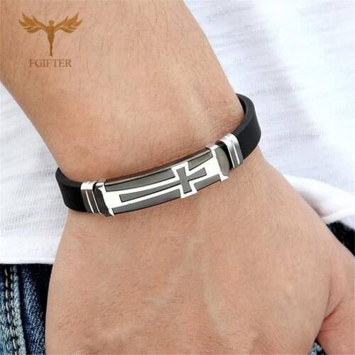 Christian Cross Bracelet Mens Religious Bracelet Fashion Silicone Wristband Stainless Steel Buckle Wrist Jewelry