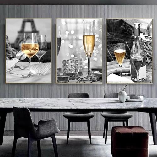 Wall Art Prints and Posters Yellow Champagne Red Wine and Bottle Kitchen Tower Canvas Painting Pictures for Dining Room Decor