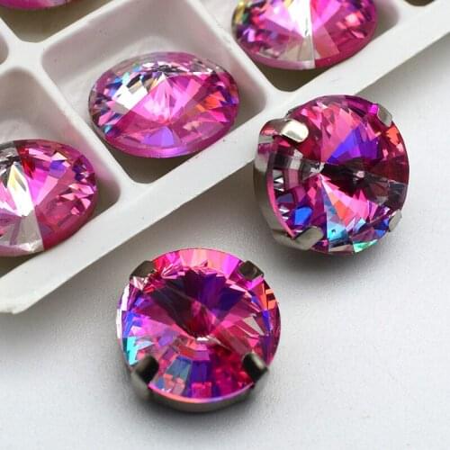New Shining Laser Rose Color Round Sewing Glass Rhinestones Silver Hollow Base Crystal Stone DIY Clothing Accessories 12MM