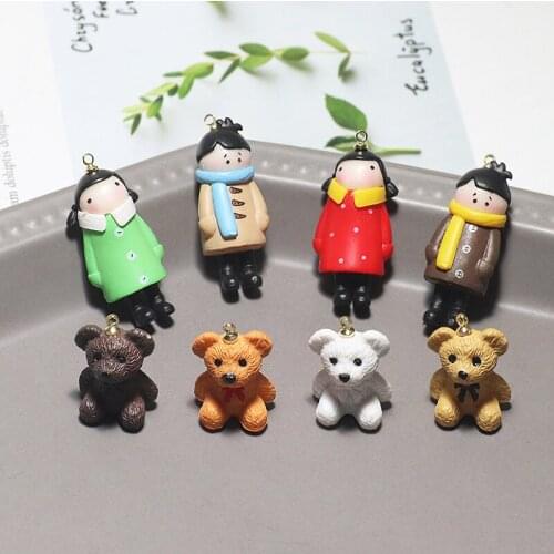 New style 30pcs/lot color print cartoon 3D bears/girls/boy dolls shape resin beads diy jewelry keychain/garment accessory