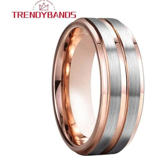 8MM Rose Gold Wedding Band Tungsten Men Women Ring With Center Grooved Stepped Edges Comfort Fit
