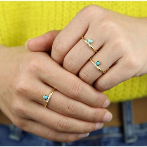 Wholesale Gold color micro pave cz stacking engagement band finger rings for women Blue Turquoises Stone fashion party jewelry