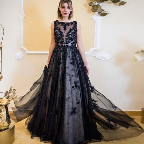 Attractive Scoop Black Prom Dresses A Line Tulle Evening Dress Party Gown with Handmade Flower платье на выпускной сад