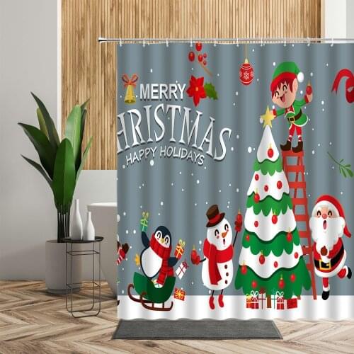 Christmas Bathroom Show Curtain Set White Snowman Bath Cartoon For Children New Year Waterproof Curtains Decoration Merry Xmas