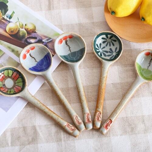 Handmade Ceramic Spoon Hand Painted Japanese Cartoon Cat Creative Household Product Long Handle Spoon Kitchen Tableware 1 Piece