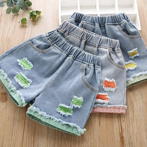 Ripped Jeans Pants Girl Summer Shorts Cotton Soft Comfortable Kids Fashion Casual Clothes Elastic Waistband Practical Pocket