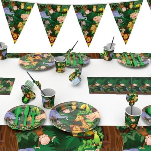 Cartoon Jungle Animal Disposable Party Tableware Sets Kids Birthday Safari Party Decor Baby Shower Forest Theme Party Supplies